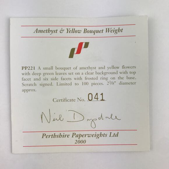 Perthshire PP221 2000 Amethyst & Yellow Flower Bouquet Faceted Paperweight Cert - Picture 12 of 16